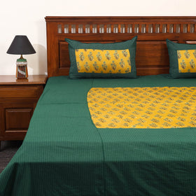Green Running Stitch with Ajrakh Modal Silk Patch Cotton Bedsheet Set