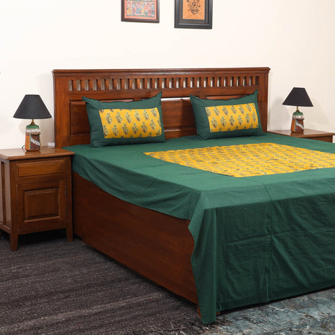 Green Running Stitch with Ajrakh Modal Silk Patch Cotton Bedsheet Set
