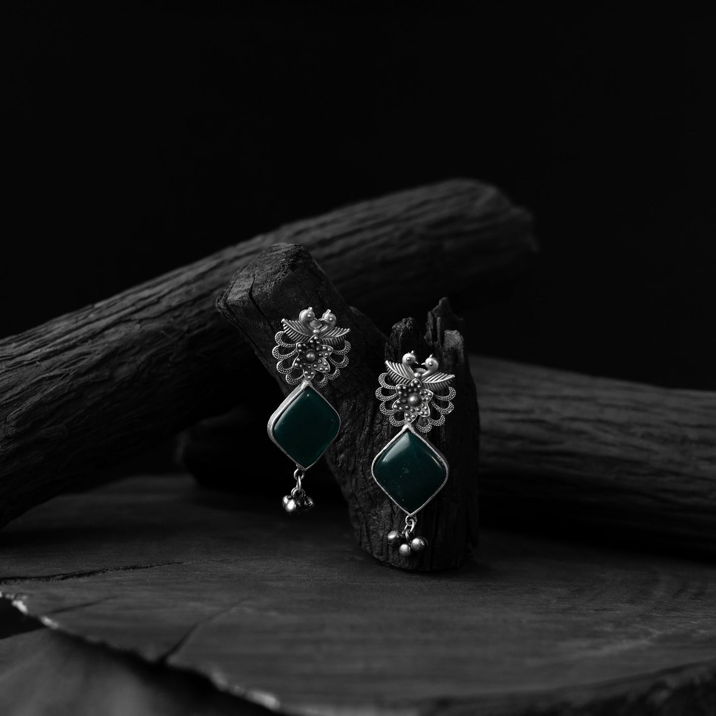 Green - saanjh bela bird-flower oxidised earrings