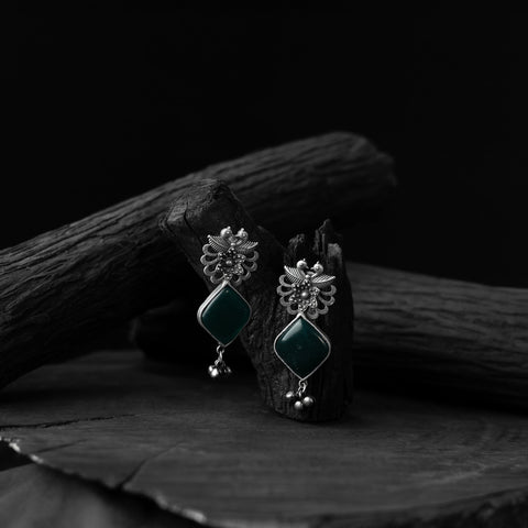 Green - saanjh bela bird-flower oxidised earrings