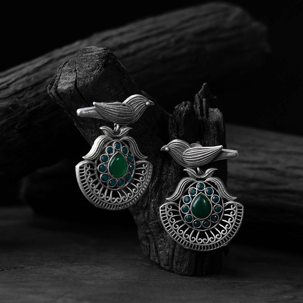 Green - saanjh bela bird motif oxidised earrings