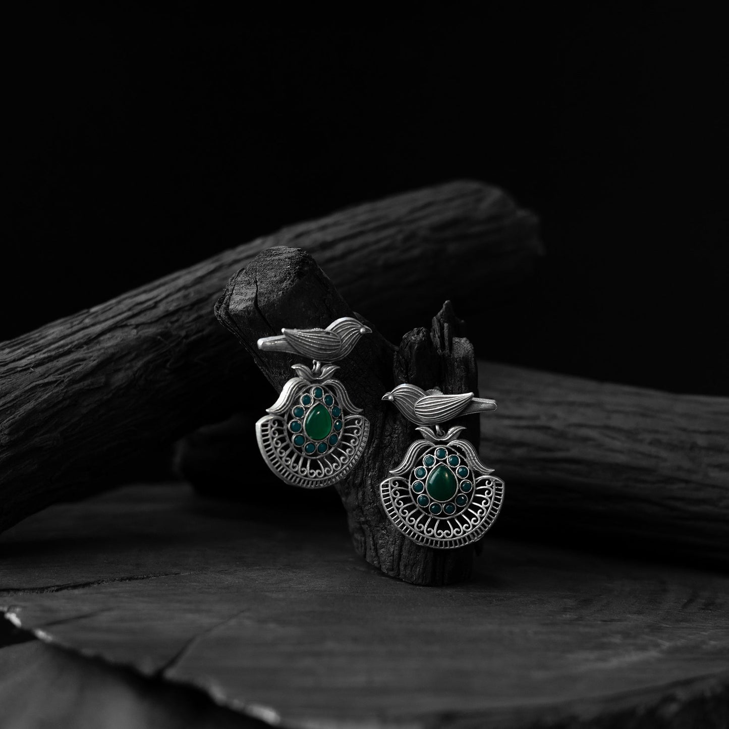 Green - saanjh bela bird motif oxidised earrings