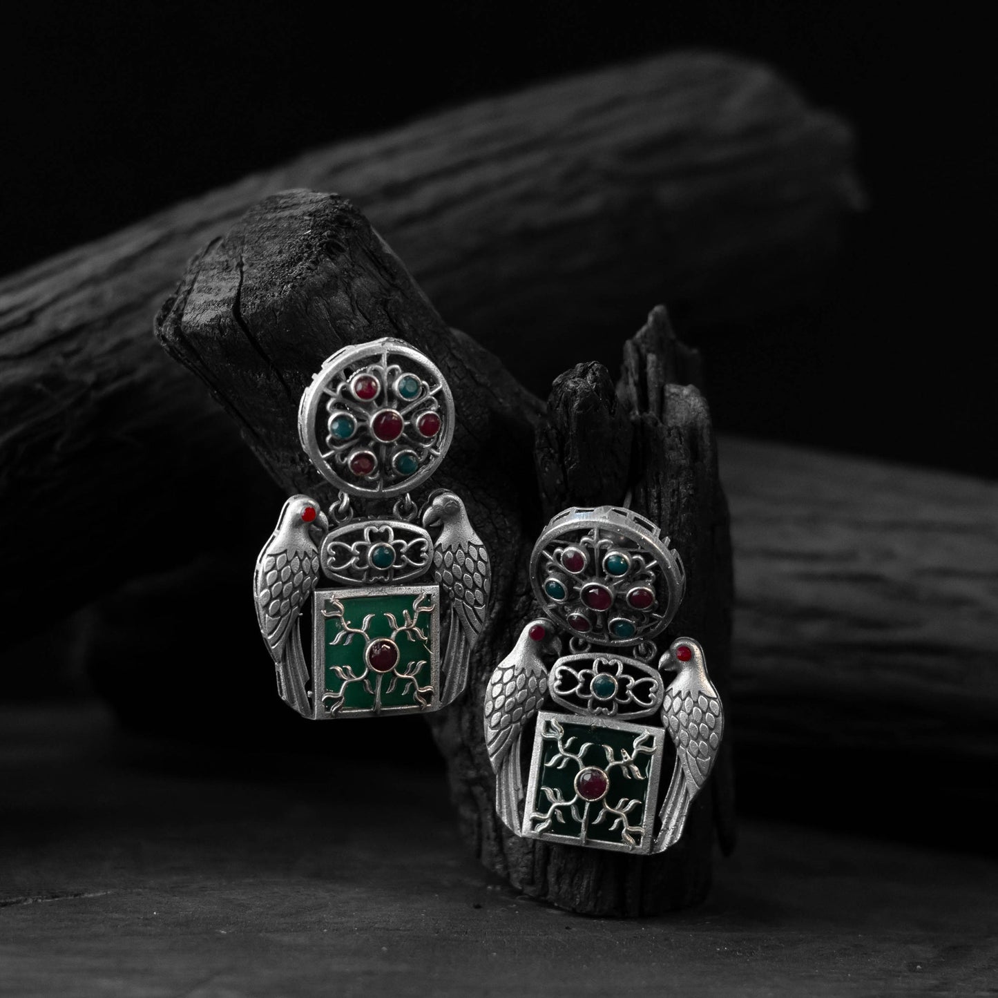 Green - saanjh bela bird oxidised earring - handcrafted