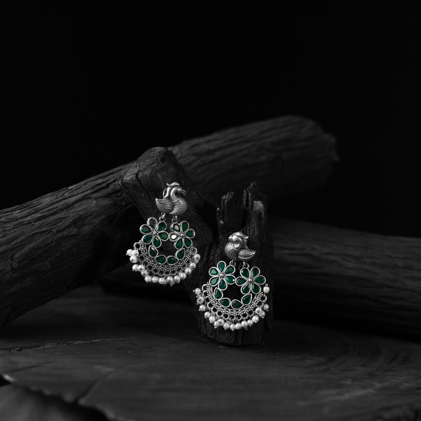 Green - saanjh bela bird oxidised earrings - handcrafted
