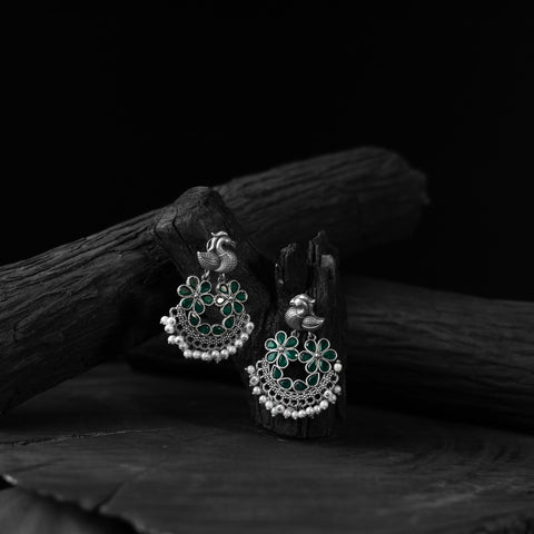 Green - saanjh bela bird oxidised earrings - handcrafted