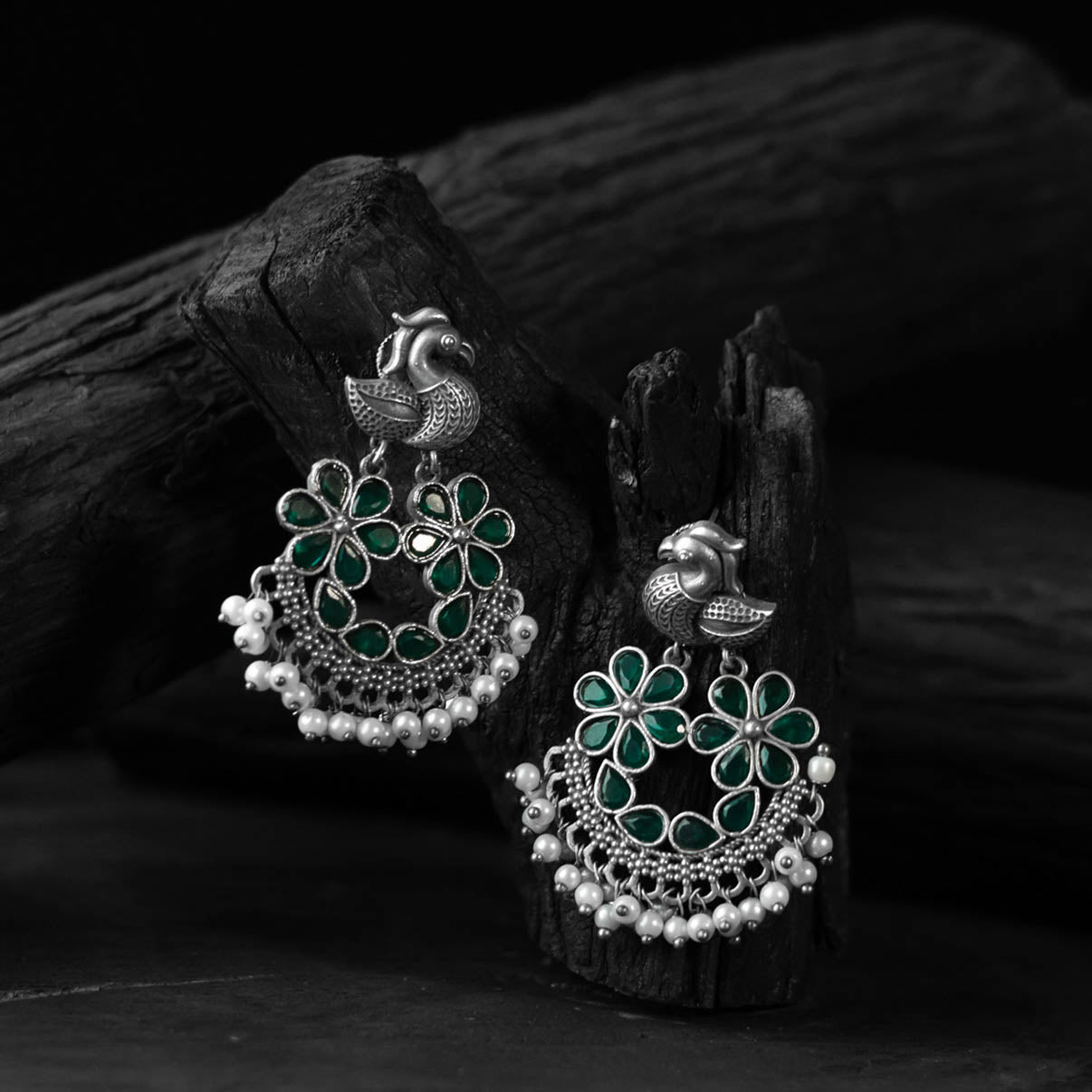 Green - saanjh bela bird oxidised earrings - handcrafted
