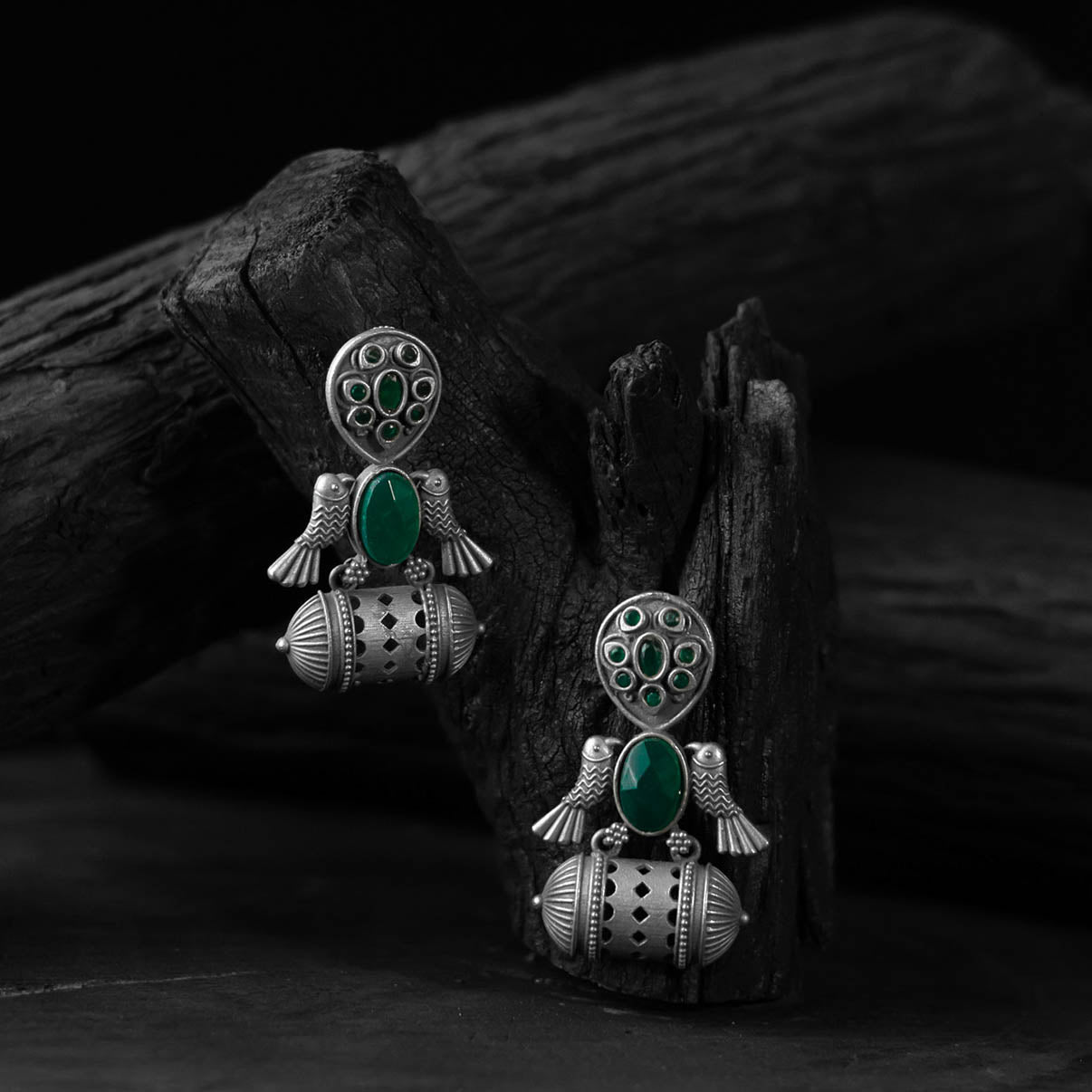 Green - saanjh bela bird oxidised earrings - handcrafted