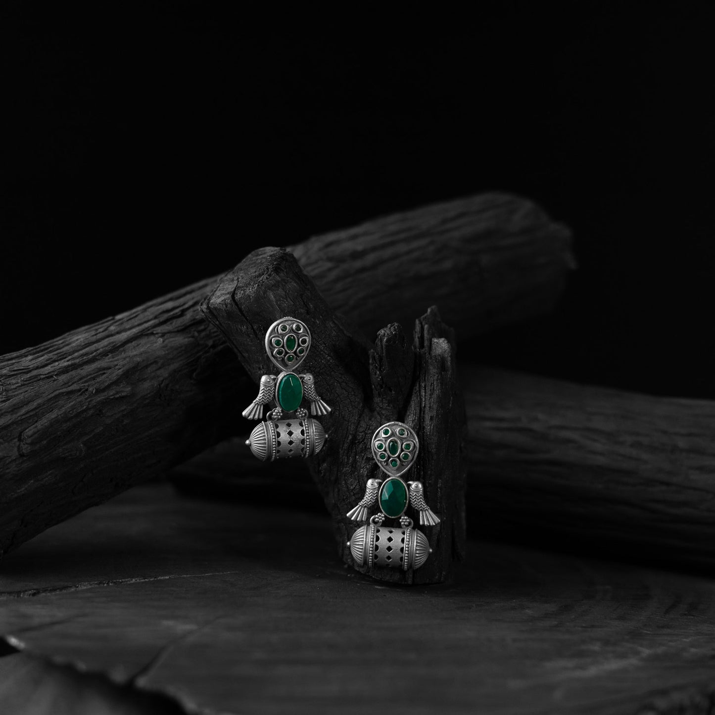 Green - saanjh bela bird oxidised earrings - handcrafted