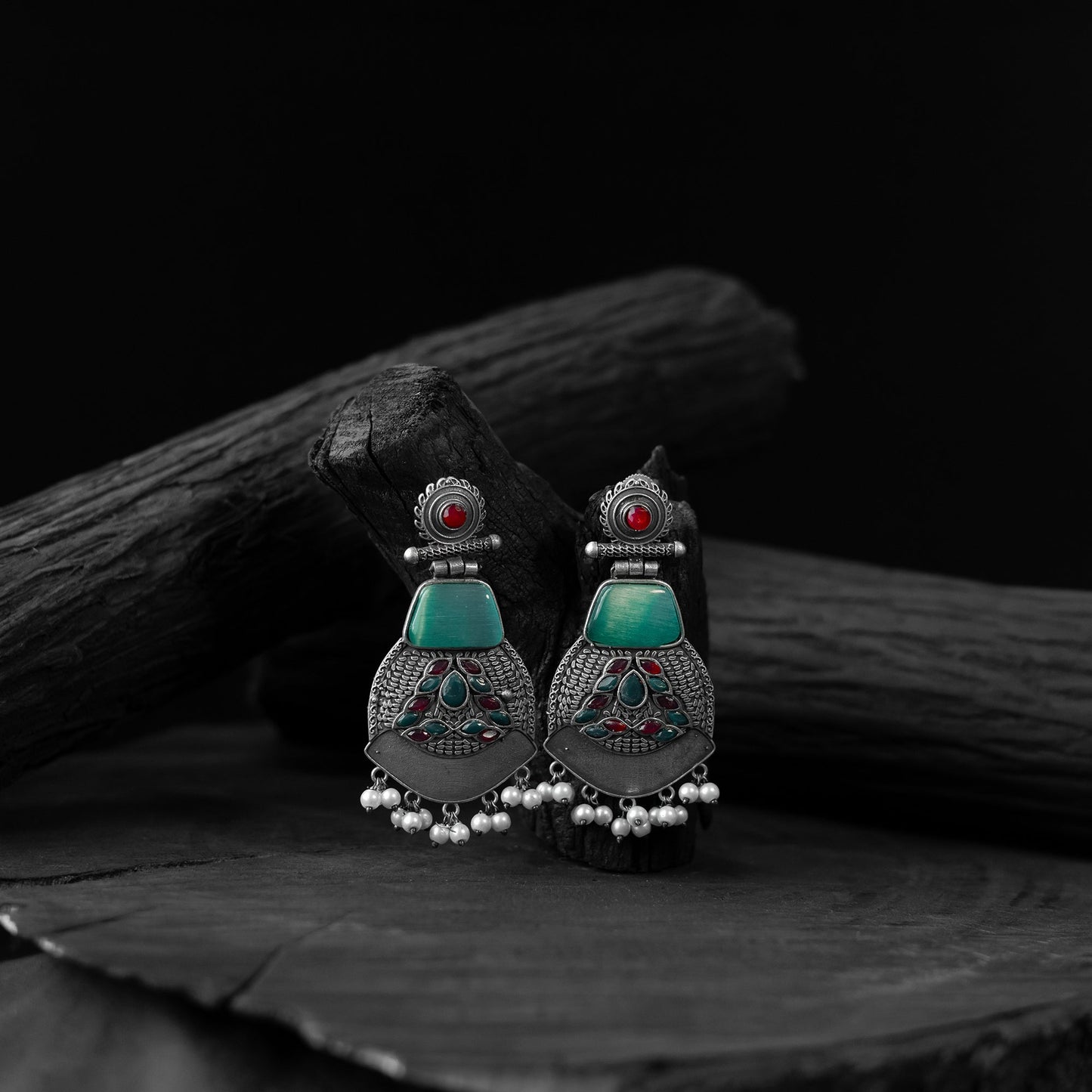 Green - saanjh bela blossom oxidised earrings - handcrafted