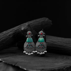 Green - saanjh bela blossom oxidised earrings - handcrafted