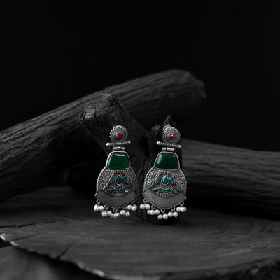 Green - saanjh bela blossom oxidised earrings - handcrafted