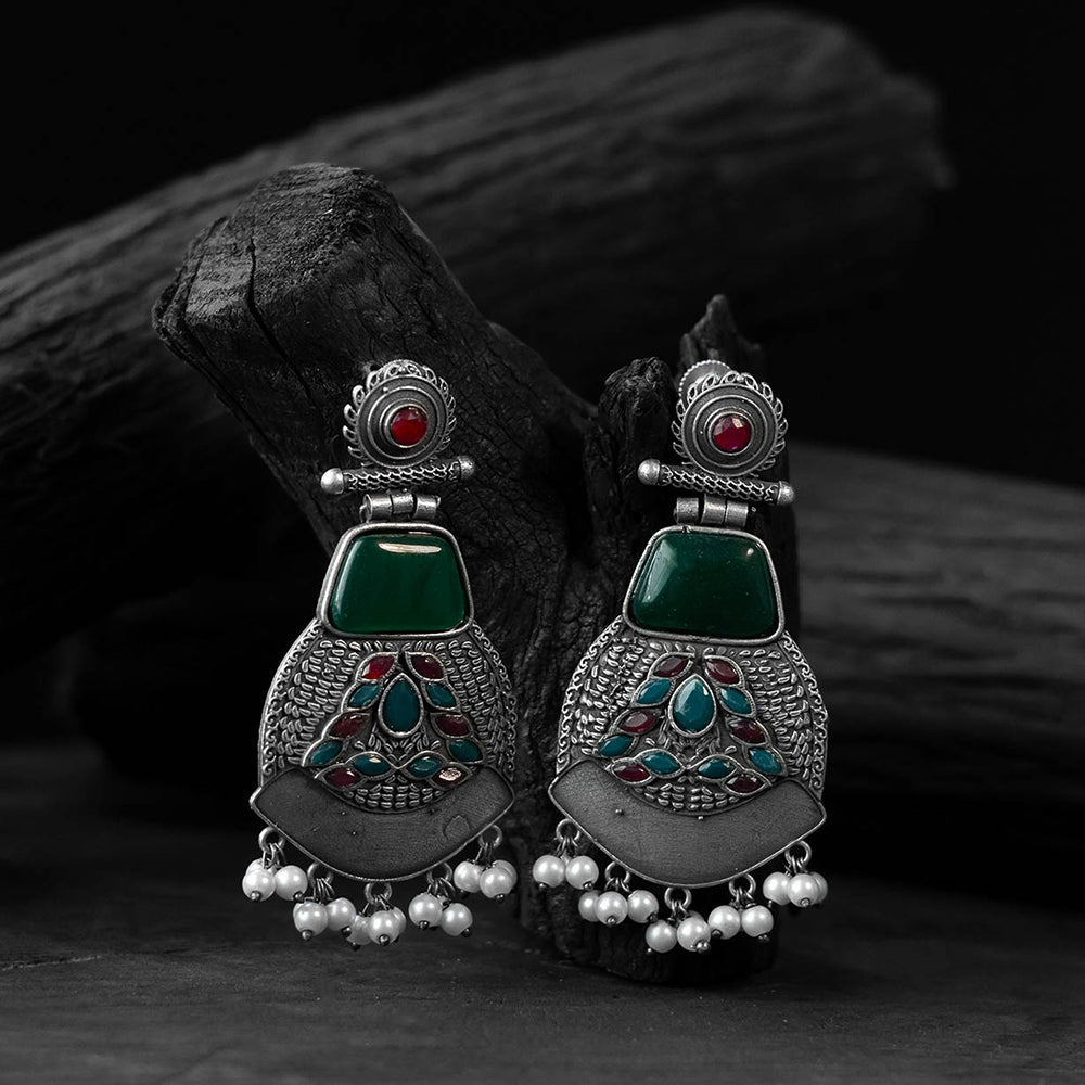 Green - saanjh bela blossom oxidised earrings - handcrafted