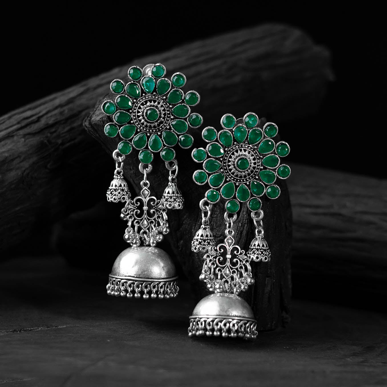 Green - saanjh bela blossom oxidised jhumka earrings