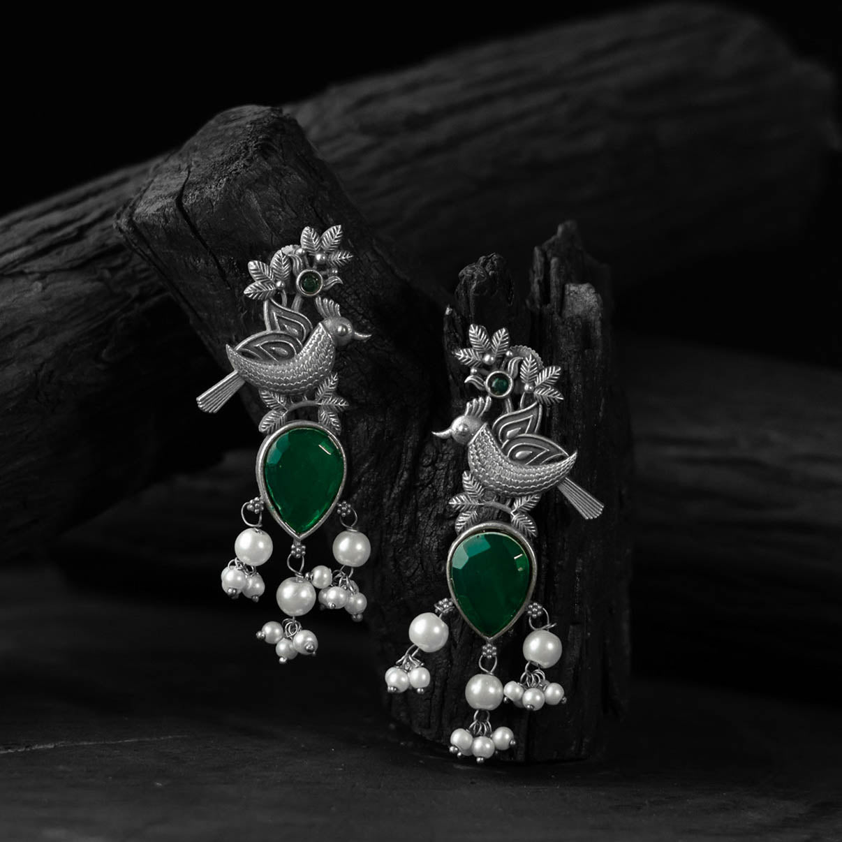 Green - saanjh bela cuckoo oxidised earrings - handcrafted