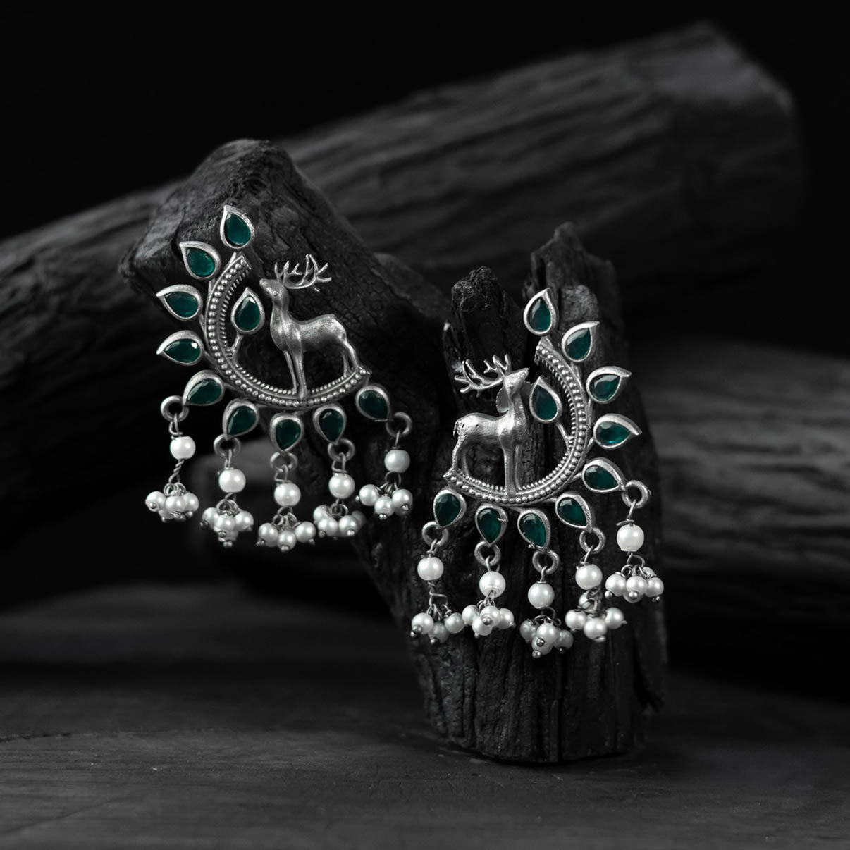 Green - saanjh bela deer oxidised earrings - handcrafted