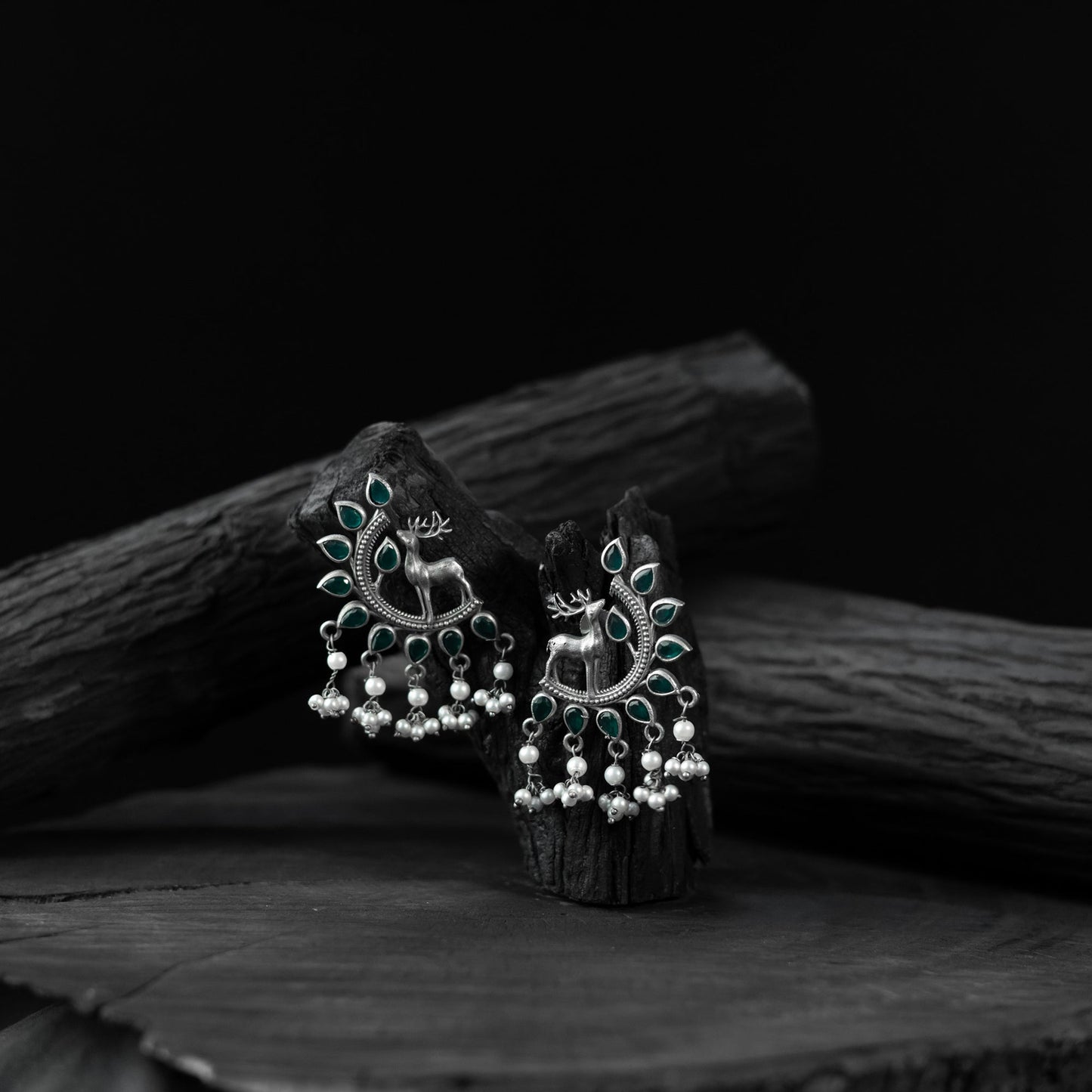 Green - saanjh bela deer oxidised earrings - handcrafted