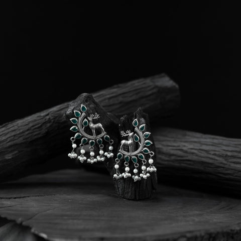 Green - saanjh bela deer oxidised earrings - handcrafted