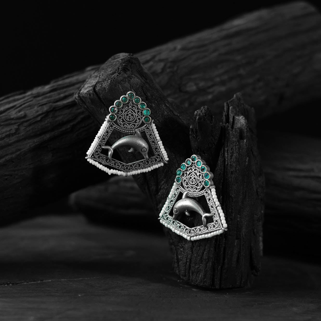 Green - saanjh bela dolphin oxidised earrings - handcrafted