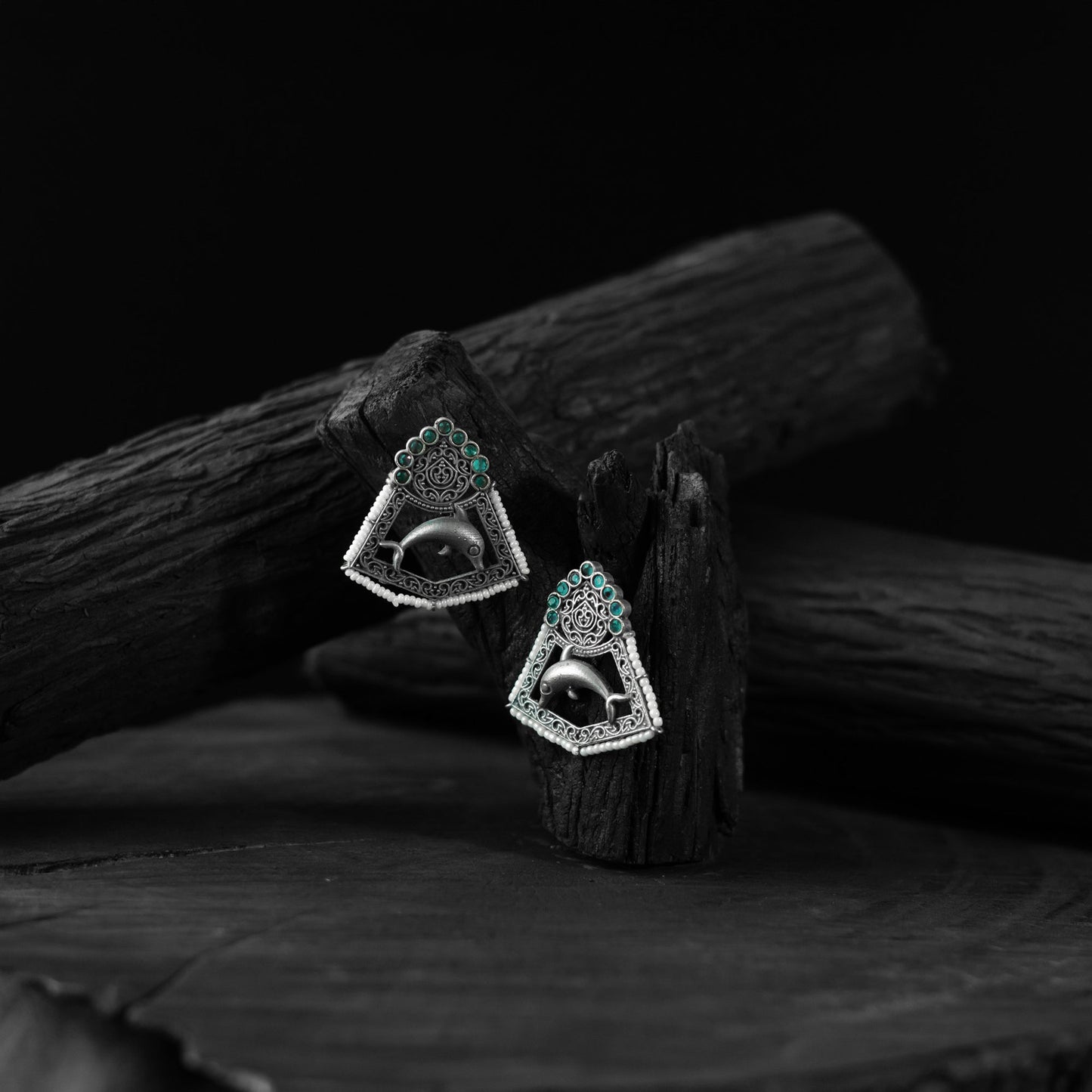 Green - saanjh bela dolphin oxidised earrings - handcrafted