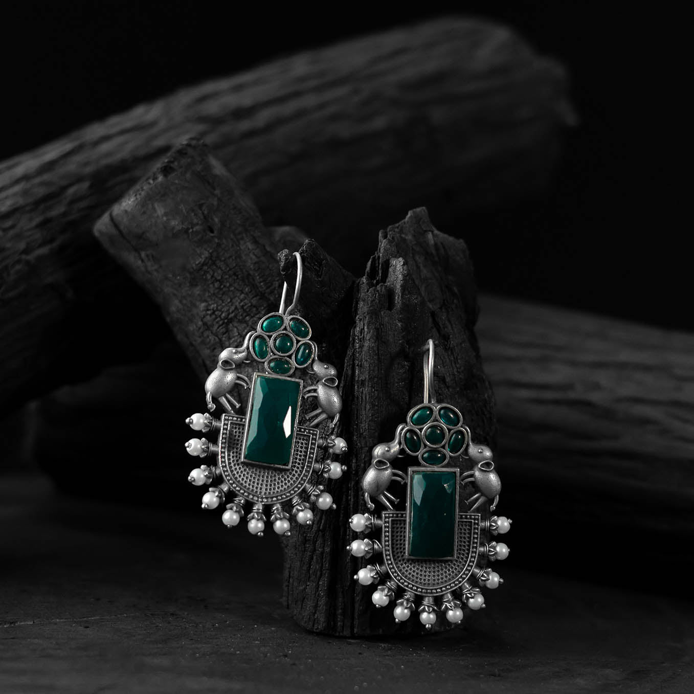 Green - saanjh bela elephant flower oxidised earrings