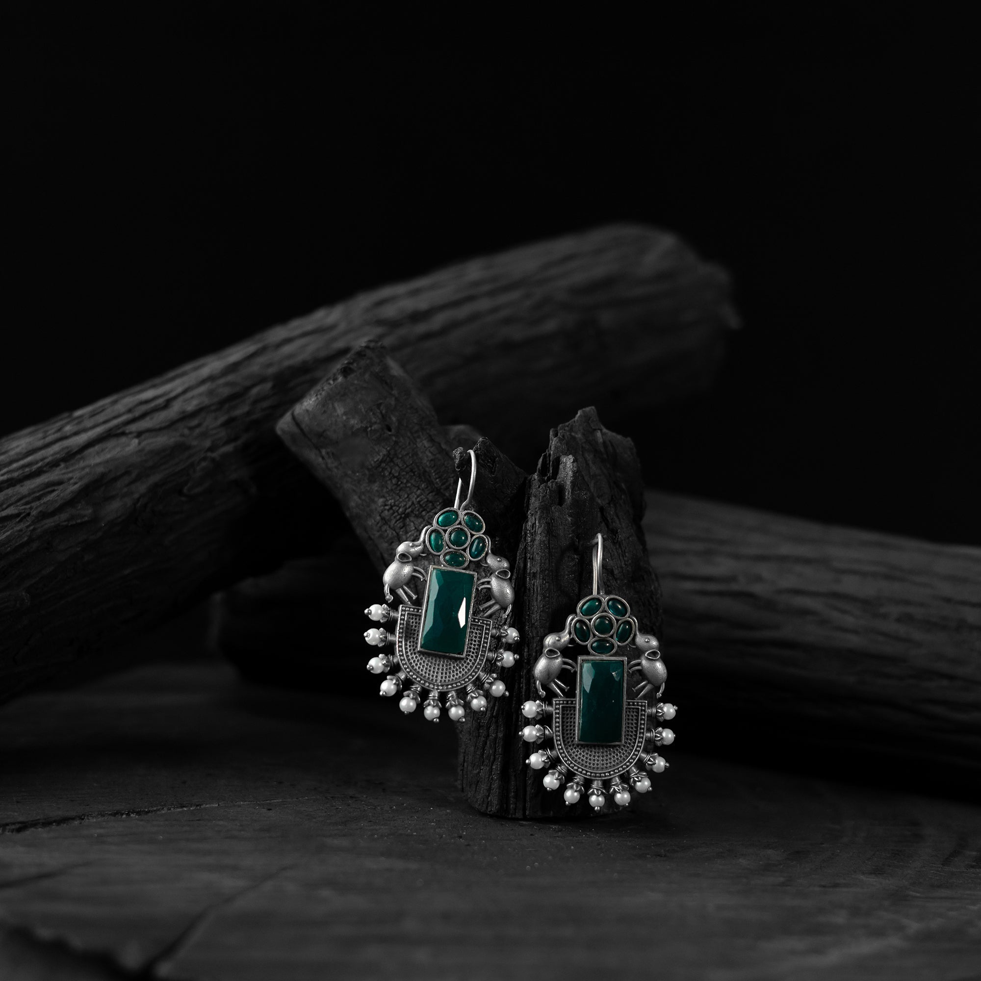 Green - Saanjh Bela Mayuri Oxidised Jhumka Earrings
