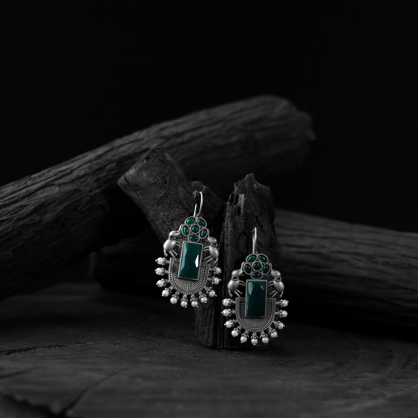 Green - saanjh bela elephant flower oxidised earrings