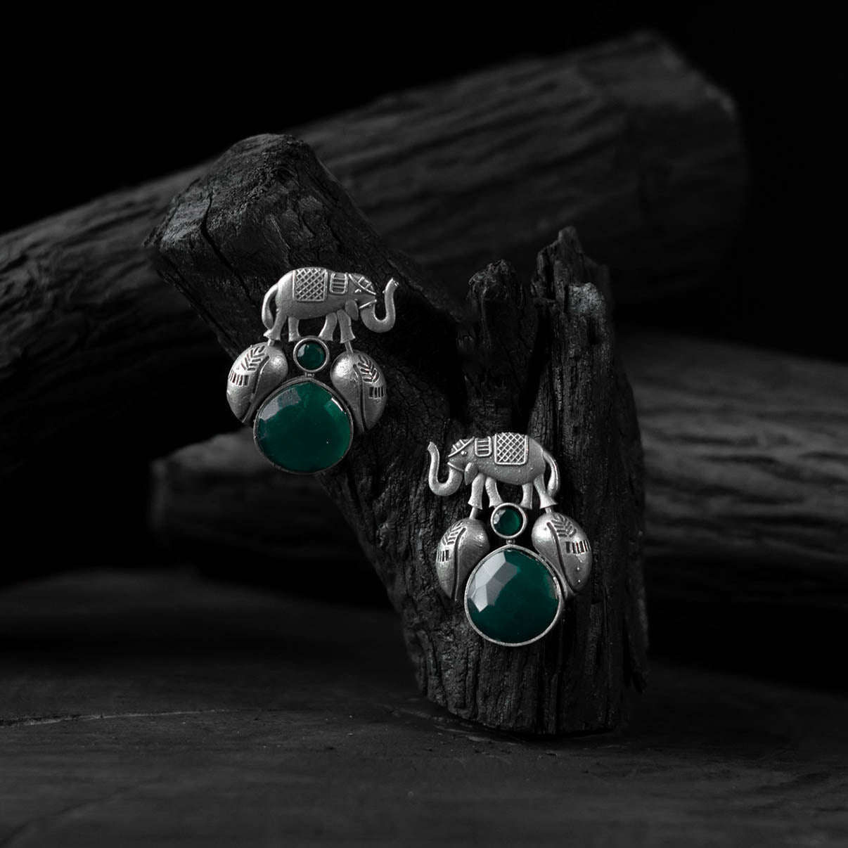 Green - saanjh bela elephant & leaves oxidised earrings