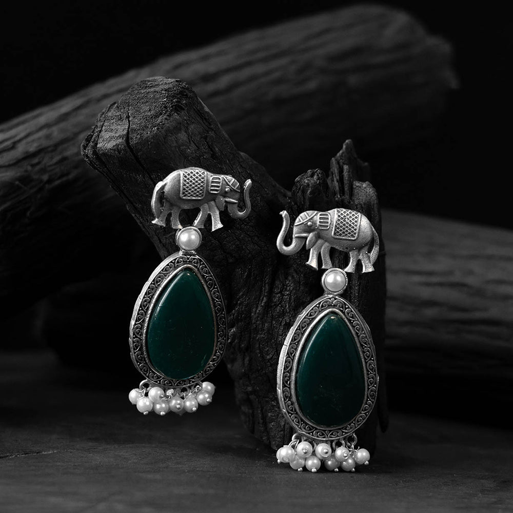 Green - saanjh bela elephant oxidised earrings - handcrafted