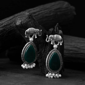 Green - saanjh bela elephant oxidised earrings - handcrafted