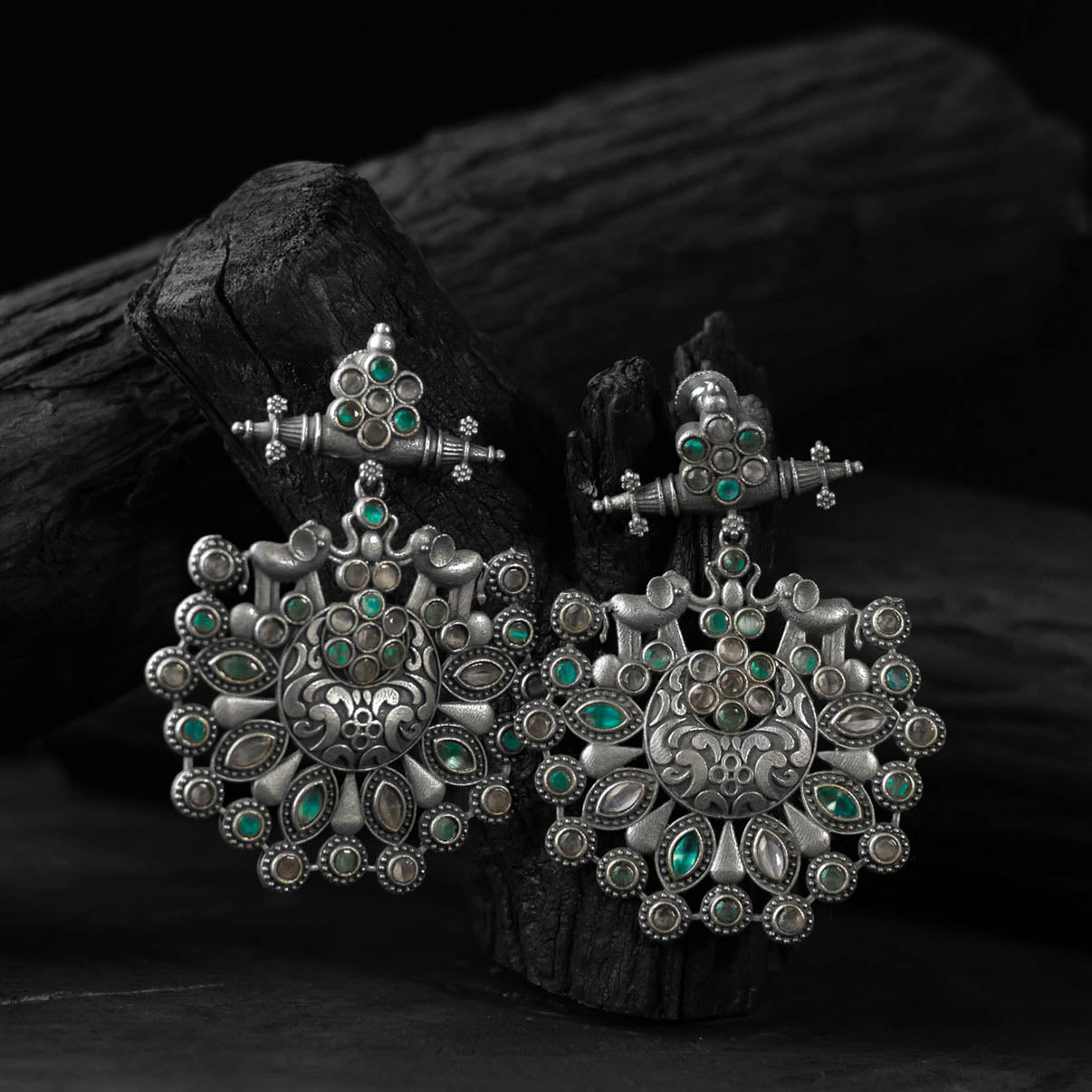 Green - saanjh bela elephant oxidised earrings - handcrafted