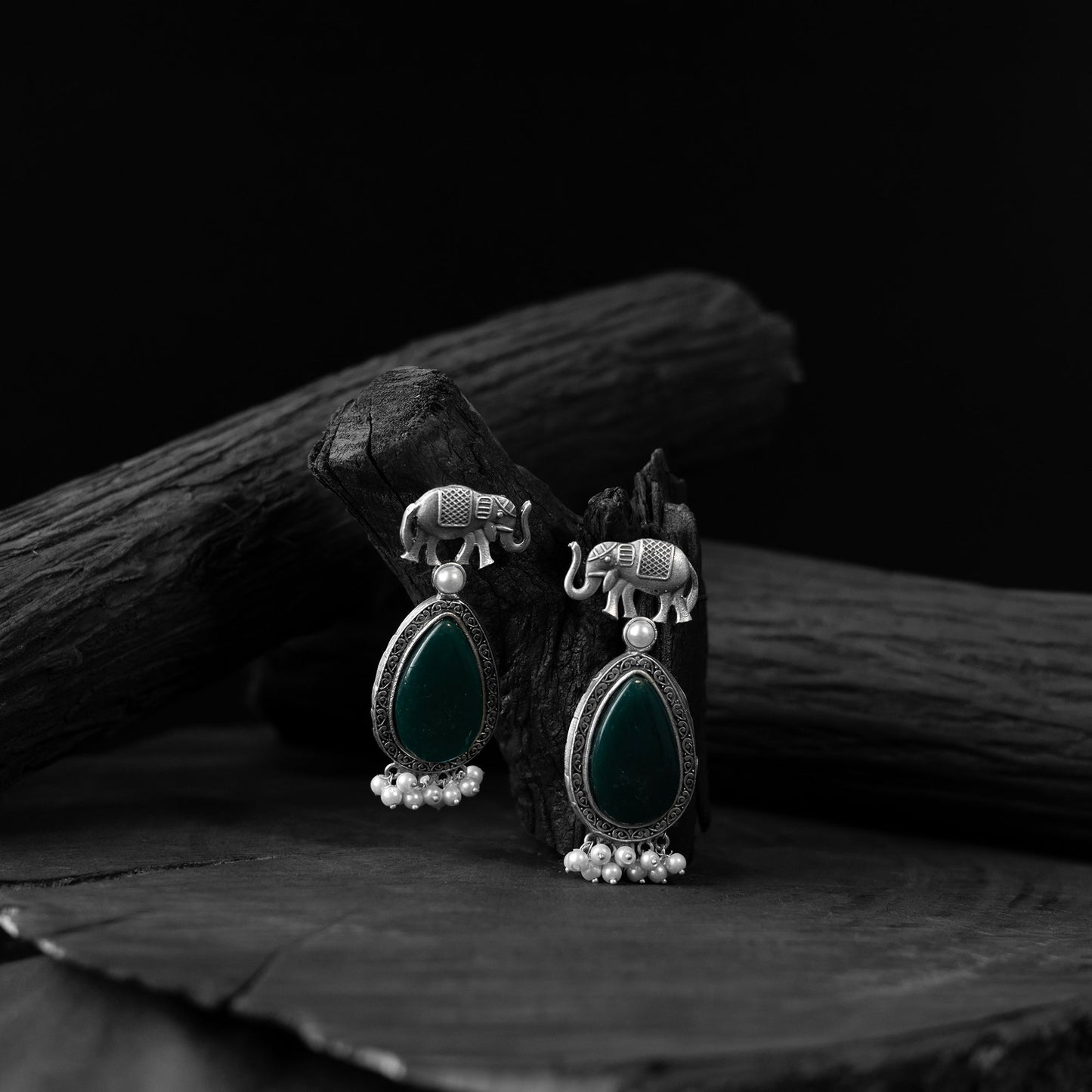 Green - saanjh bela elephant oxidised earrings - handcrafted