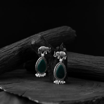 Green - saanjh bela elephant oxidised earrings - handcrafted