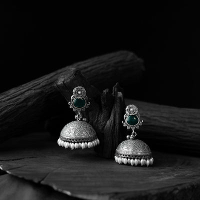 Green - saanjh bela flower & leaves oxidised jhumka