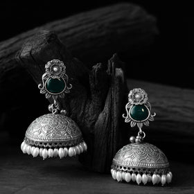 Green - saanjh bela flower & leaves oxidised jhumka