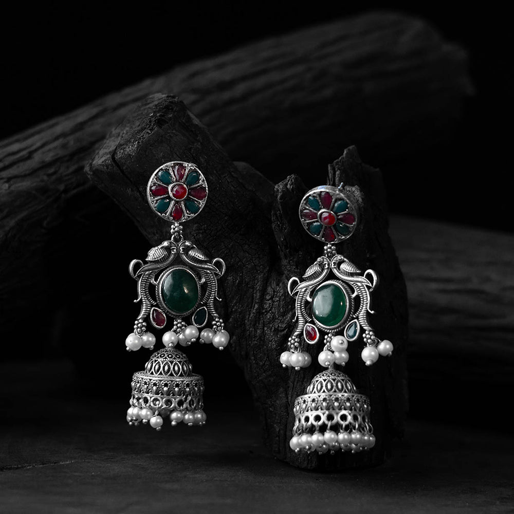 Green - saanjh bela flower motif oxidised jhumka earrings