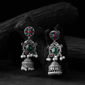 Green - saanjh bela flower motif oxidised jhumka earrings