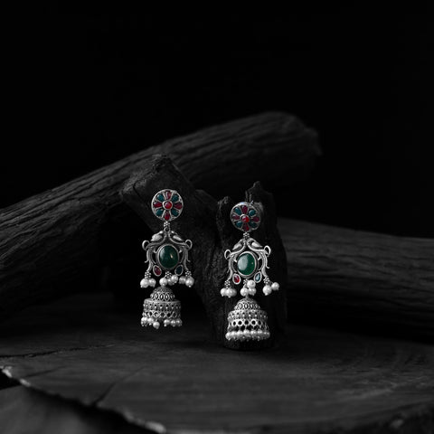 Green - saanjh bela flower motif oxidised jhumka earrings