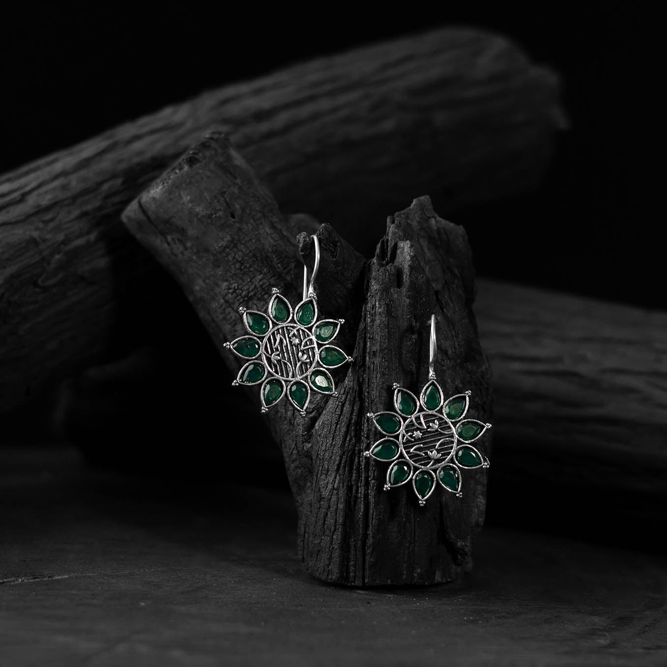 Green - saanjh bela flower oxidised drop earrings
