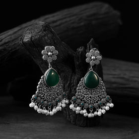Green - saanjh bela flower oxidised earrings - handcrafted