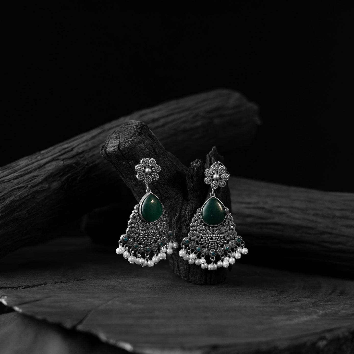 Green - saanjh bela flower oxidised earrings - handcrafted