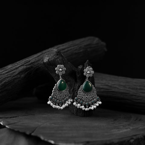 Green - saanjh bela flower oxidised earrings - handcrafted