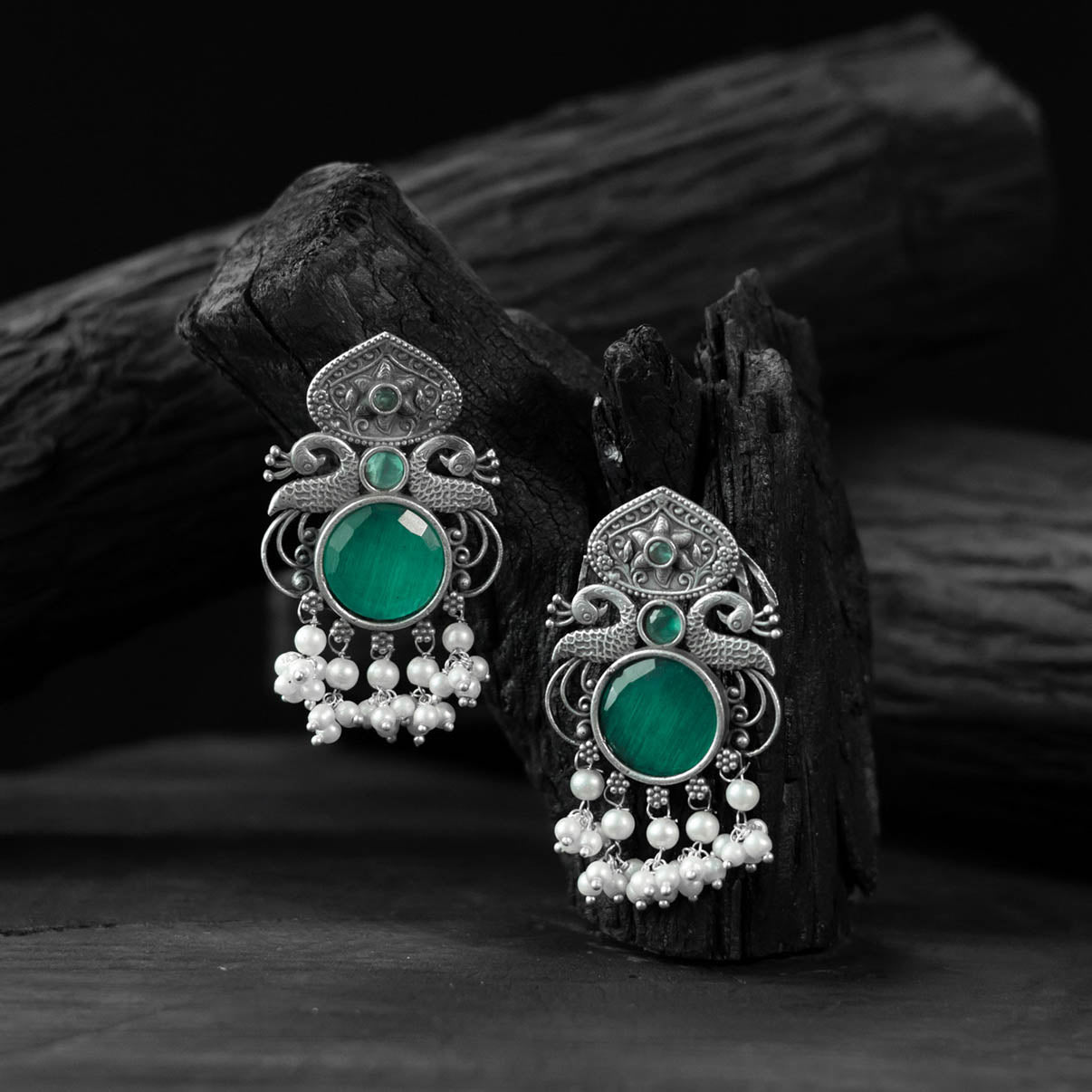 Green - saanjh bela flower & peacock oxidised earrings