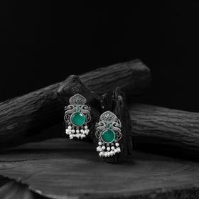 Green - saanjh bela flower & peacock oxidised earrings
