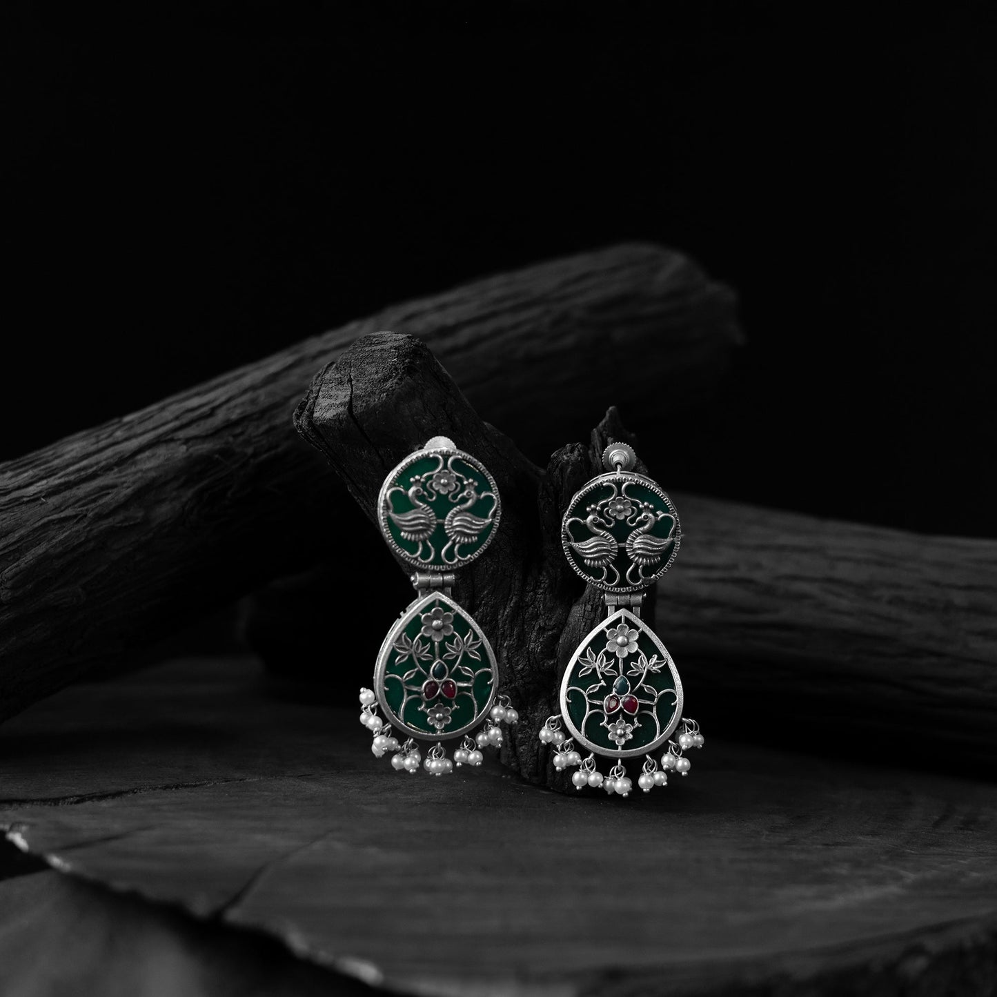 Green - saanjh bela flower peacock oxidised earrings