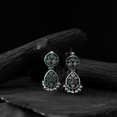 Green - saanjh bela flower peacock oxidised earrings