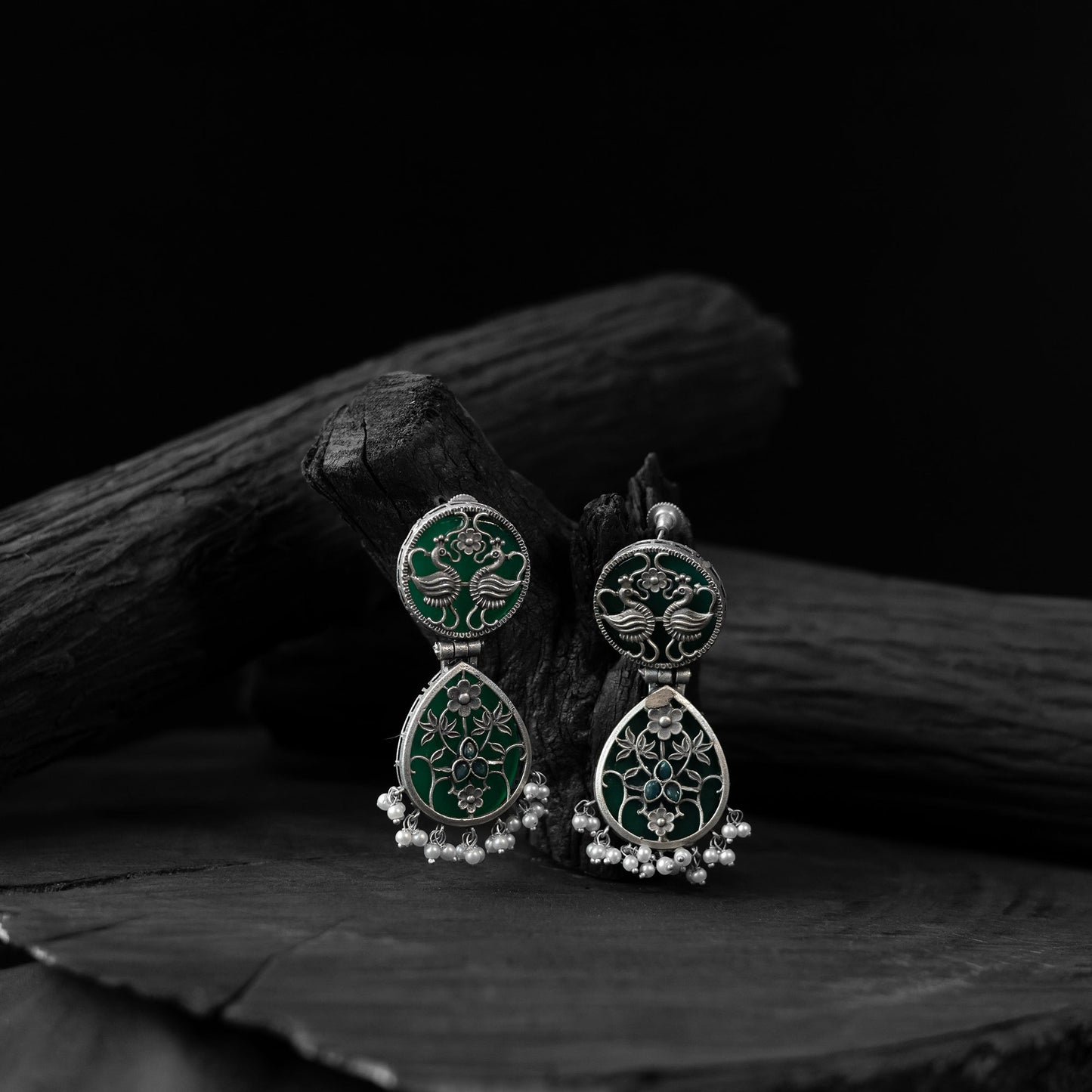 Green - saanjh bela flower peacock oxidised earrings