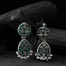 Green - saanjh bela flower peacock oxidised earrings