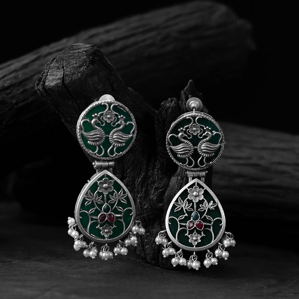 Green - saanjh bela flower peacock oxidised earrings