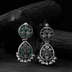 Green - saanjh bela flower peacock oxidised earrings