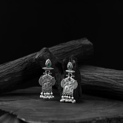 Green - saanjh bela leaves & elephant oxidised earrings